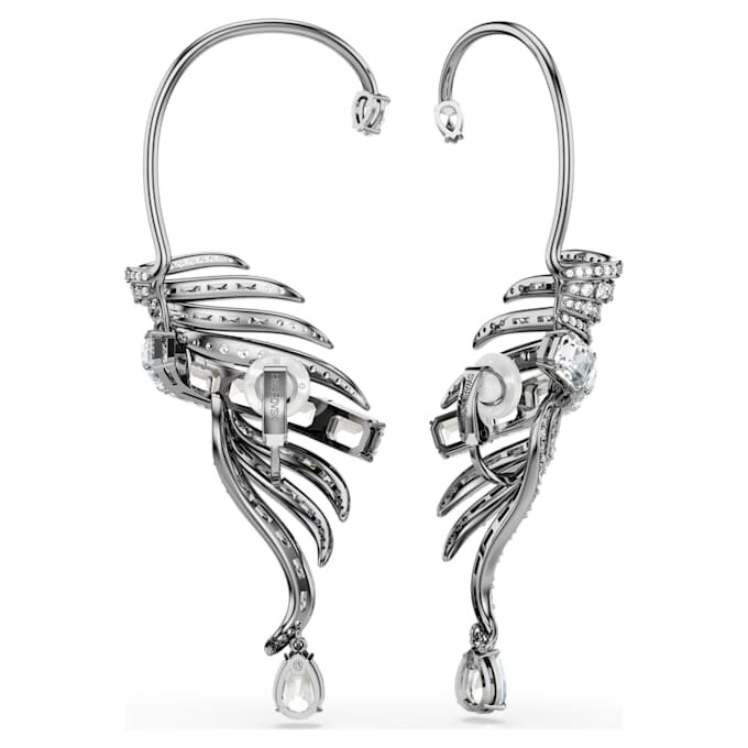 Coleção Vienna – Brincos tipo «ear cuff» com penas, grandes, brancos, banhados a ruténio Coleção Vienna – Brincos tipo «ear cuff» com penas, grandes, brancos, banhados a ruténio
