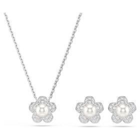 Conjunto Ariana Grande X Swarovski com pérola de cristal, corte redondo, flor, branco, banhado a ródio