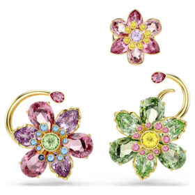 Conjunto de brincos Idyllia (3), design assimétrico, cortes mistos, flor, multicolorido, banhado a dourado