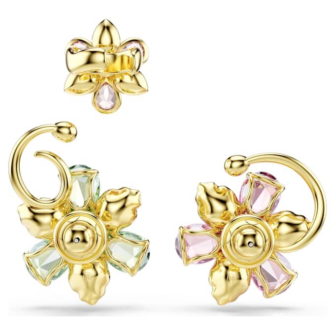 Conjunto de brincos Idyllia (3), design assimétrico, cortes mistos, flor, multicolorido, banhado a dourado Conjunto de brincos Idyllia (3), design assimétrico, cortes mistos, flor, multicolorido, banhado a dourado