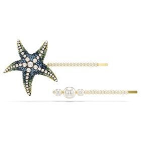 Conjunto de ganchos de cabelo Idyllia (2), pérolas de cristal, estrela do mar, multicolorido, banhado a dourado