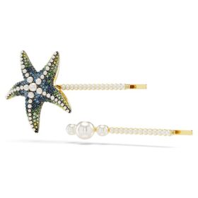 Conjunto de ganchos de cabelo Idyllia (2), pérolas de cristal, estrela do mar, multicolorido, banhado a dourado