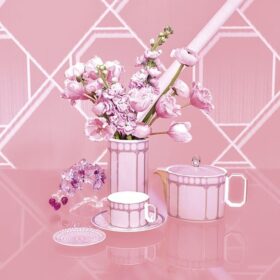 Chávena de chá Signum com pires, em porcelana, cor-de-rosa