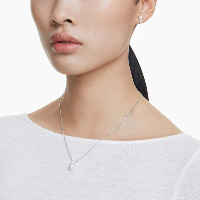 Conjunto Matrix com pérola de cristal, corte redondo, branca, banhada a ródio Conjunto Matrix com pérola de cristal, corte redondo, branca, banhada a ródio