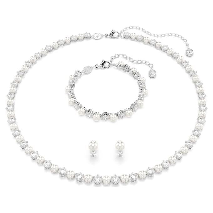 Conjunto Matrix com pérola de cristal, corte redondo, branca, banhada a ródio Conjunto Matrix com pérola de cristal, corte redondo, branca, banhada a ródio