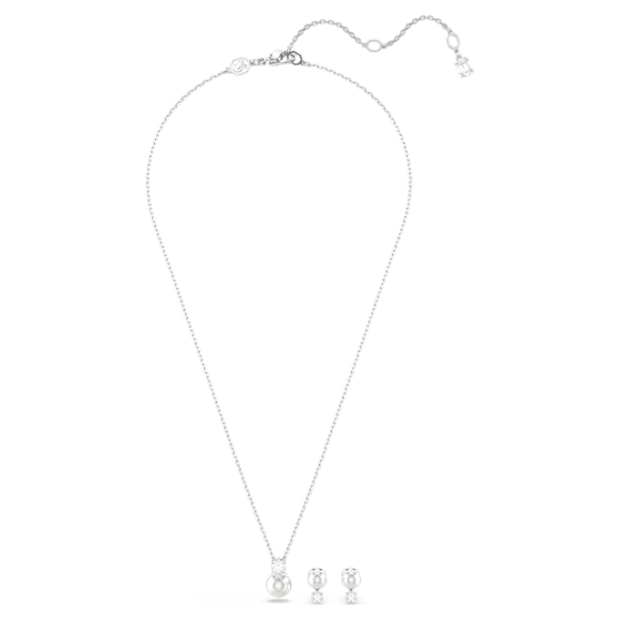 Conjunto Matrix com pérola de cristal, corte redondo, branca, banhada a ródio Conjunto Matrix com pérola de cristal, corte redondo, branca, banhada a ródio