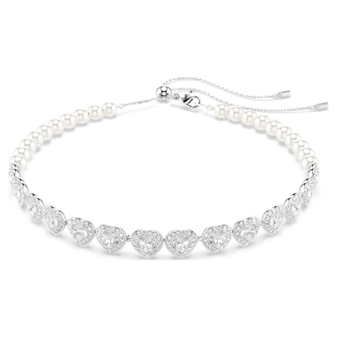 Gargantilha Ariana Grande X Swarovski com cortes mistos, pérola de cristal, coração, branca, banhada a ródio Gargantilha Ariana Grande X Swarovski com cortes mistos, pérola de cristal, coração, branca, banhada a ródio