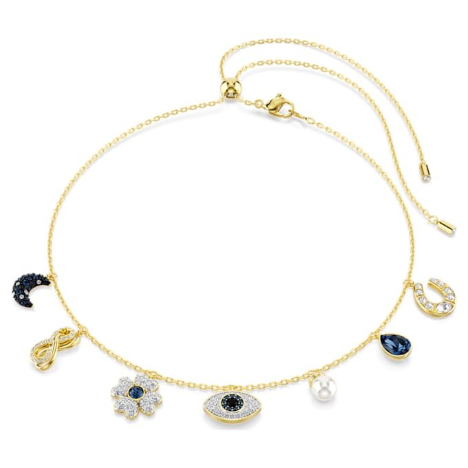 Gargantilha Symbolica com pérolas de cristal, lua, símbolo da Infinity, trevo, olho do mal e ferradura, azul, banhada a dourado Gargantilha Symbolica com pérolas de cristal, lua, símbolo da Infinity, trevo, olho do mal e ferradura, azul, banhada a dourado