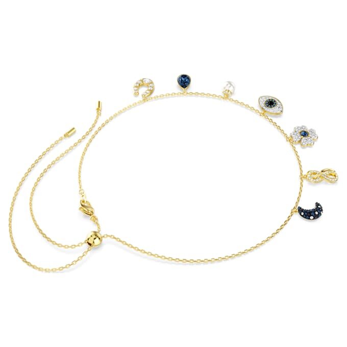 Gargantilha Symbolica com pérolas de cristal, lua, símbolo da Infinity, trevo, olho do mal e ferradura, azul, banhada a dourado Gargantilha Symbolica com pérolas de cristal, lua, símbolo da Infinity, trevo, olho do mal e ferradura, azul, banhada a dourado