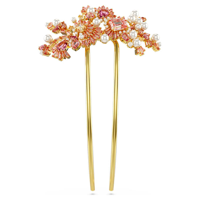 Grampo de cabelo Gema com pérola de cristal, cortes mistos, flor, rosa, banhado a dourado Grampo de cabelo Gema com pérola de cristal, cortes mistos, flor, rosa, banhado a dourado