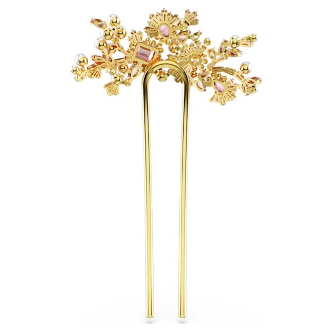 Grampo de cabelo Gema com pérola de cristal, cortes mistos, flor, rosa, banhado a dourado Grampo de cabelo Gema com pérola de cristal, cortes mistos, flor, rosa, banhado a dourado