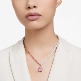 Pingente de ursinho com pérolas de cristal, ursinho, rosa, banhado a ouro rosa
