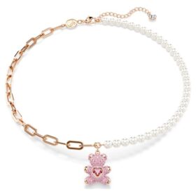 Pingente de ursinho com pérolas de cristal, ursinho, rosa, banhado a ouro rosa
