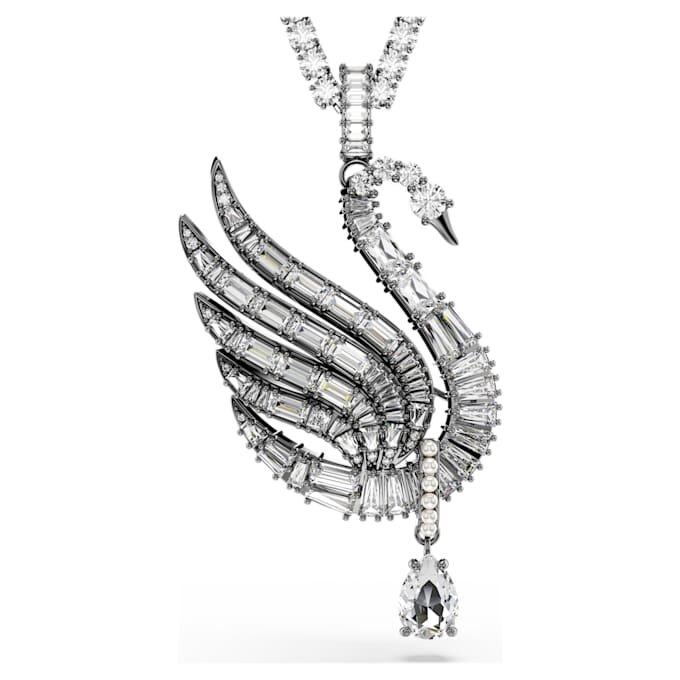 Pingente e broche em forma de cisne, branco, banhado a ruténio Pingente e broche em forma de cisne, branco, banhado a ruténio