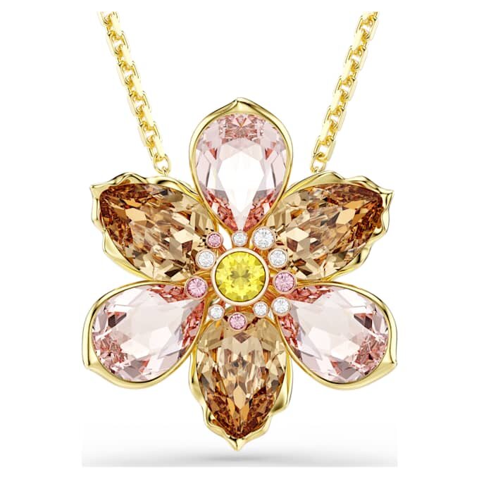 Pingente e broche Idyllia com cortes mistos, flor, multicolorido, banhado a dourado Pingente e broche Idyllia com cortes mistos, flor, multicolorido, banhado a dourado