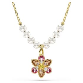 Pingente Idyllia com pérola de cristal, cortes mistos, flor, multicolorido, banhado a dourado
