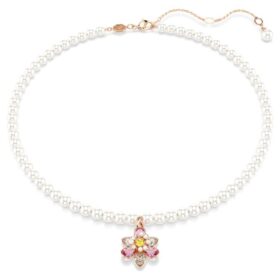 Pingente Idyllia com pérola de cristal, cortes mistos, flor, multicolorido, banhado a ouro rosa
