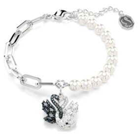 Pulseira Cisne com Pérolas de Cristal, Cisne, Preto, Acabamento em Metais Misturados