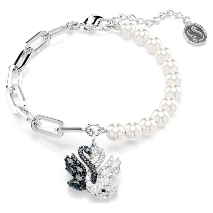 Pulseira Cisne com Pérolas de Cristal, Cisne, Preto, Acabamento em Metais Misturados Pulseira Cisne com Pérolas de Cristal, Cisne, Preto, Acabamento em Metais Misturados