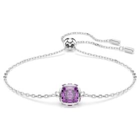Pulseira com pedra de nascimento, corte quadrado, fevereiro, roxo, banhada a ródio