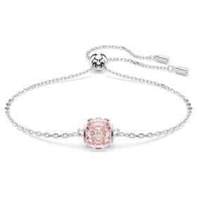 Pulseira com pedra de nascimento, corte quadrado, junho, rosa, banhada a ródio
