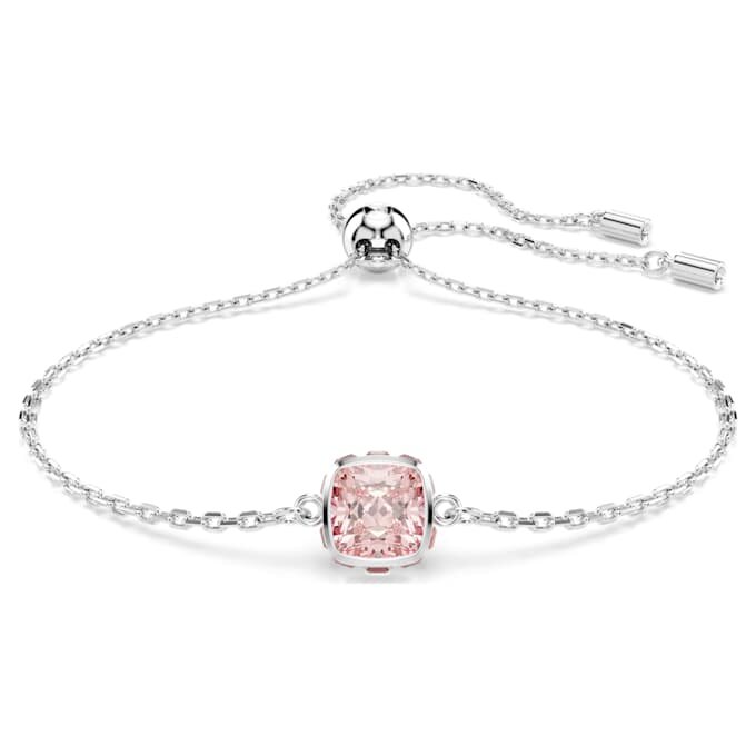 Pulseira com pedra de nascimento, corte quadrado, junho, rosa, banhada a ródio Pulseira com pedra de nascimento, corte quadrado, junho, rosa, banhada a ródio