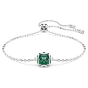 Pulseira com pedra de nascimento, corte quadrado, maio, verde, banhada a ródio