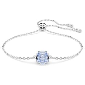 Pulseira com pedra de nascimento, corte quadrado, março, azul, banhada a ródio