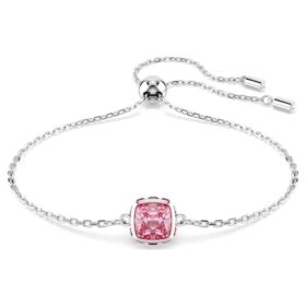 Pulseira com pedra de nascimento de corte quadrado, outubro, rosa, banhada a ródio