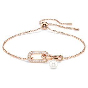 Pulseira Constella com pérola de cristal, corte redondo, branca, banhada a ouro rosa