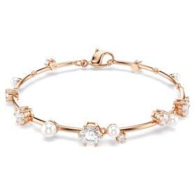 Pulseira Constella com pérolas de cristal, cortes redondos, branca, banhada a ouro rosa