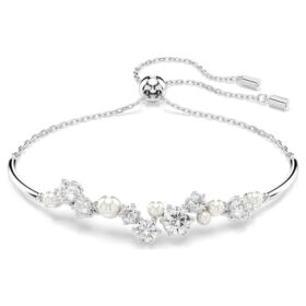 Pulseira Constella com pérolas de cristal, cortes redondos, branca, banhada a ródio