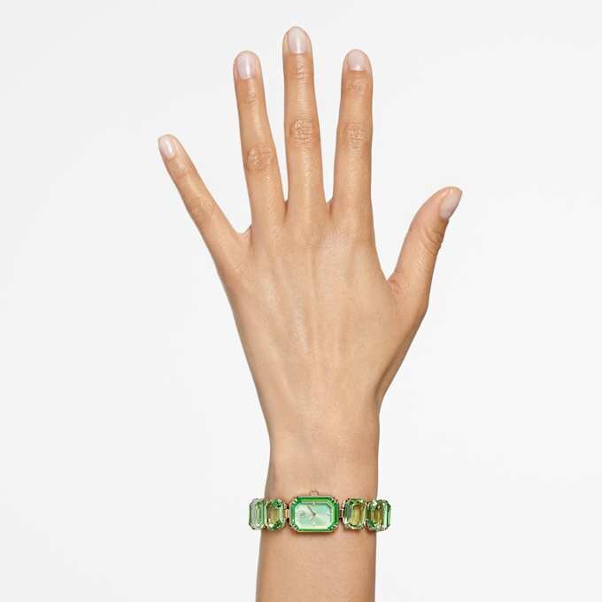 Pulseira de relógio com cristais de corte octogonal, verde, acabamento em tom dourado champanhe Pulseira de relógio com cristais de corte octogonal, verde, acabamento em tom dourado champanhe
