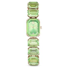 Pulseira de relógio com cristais de corte octogonal, verde, acabamento em tom dourado champanhe