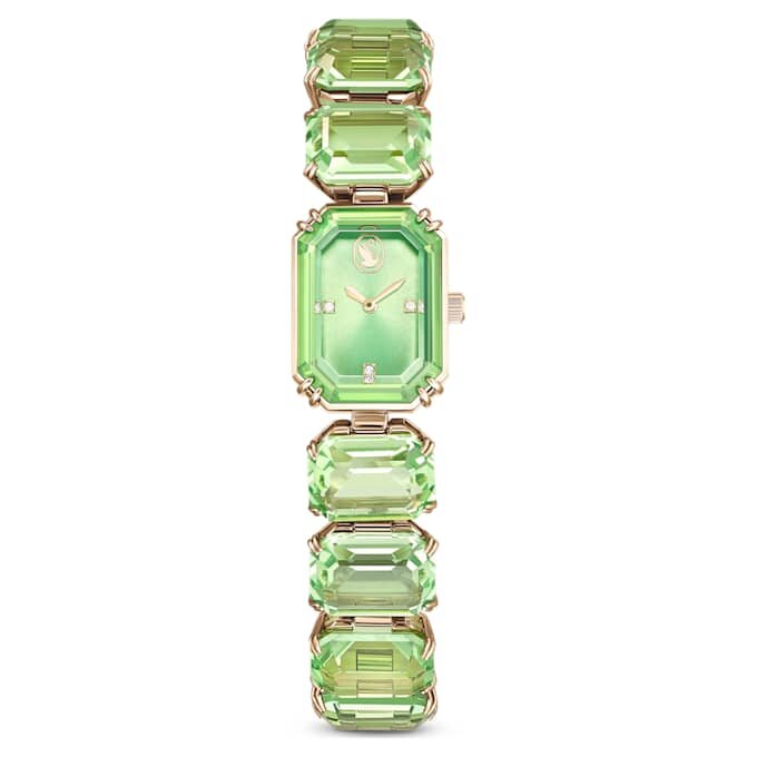 Pulseira de relógio com cristais de corte octogonal, verde, acabamento em tom dourado champanhe Pulseira de relógio com cristais de corte octogonal, verde, acabamento em tom dourado champanhe