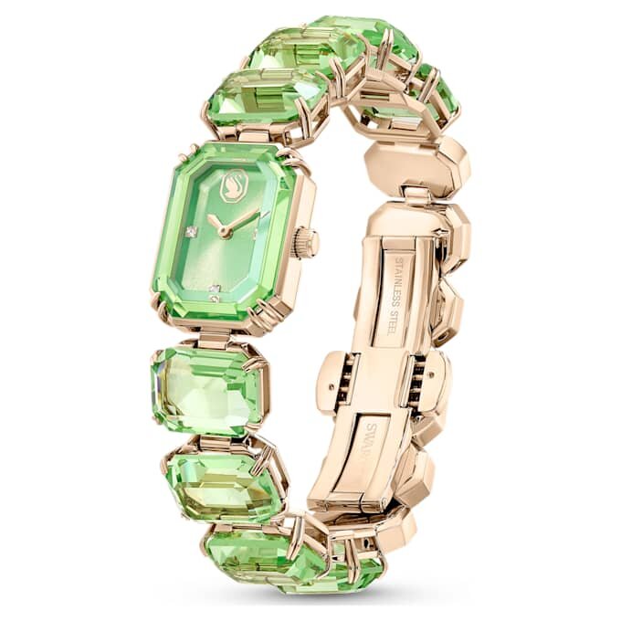 Pulseira de relógio com cristais de corte octogonal, verde, acabamento em tom dourado champanhe Pulseira de relógio com cristais de corte octogonal, verde, acabamento em tom dourado champanhe