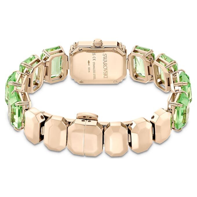 Pulseira de relógio com cristais de corte octogonal, verde, acabamento em tom dourado champanhe Pulseira de relógio com cristais de corte octogonal, verde, acabamento em tom dourado champanhe