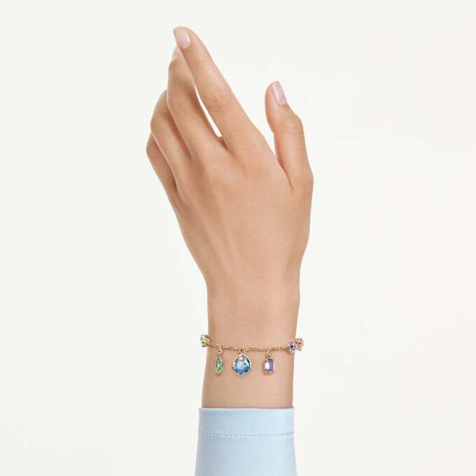 Pulseira Gema com cortes mistos, cristais pendentes, multicolorida, banhada a dourado Pulseira Gema com cortes mistos, cristais pendentes, multicolorida, banhada a dourado