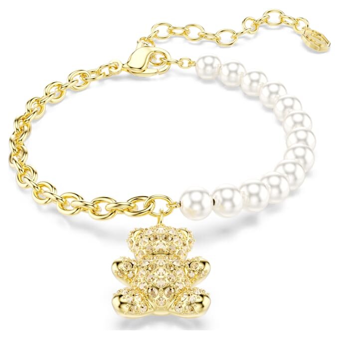 Pulseira Idyllia com pérola de cristal, corte redondo, ursinho, tom dourado, banhada a ouro Pulseira Idyllia com pérola de cristal, corte redondo, ursinho, tom dourado, banhada a ouro