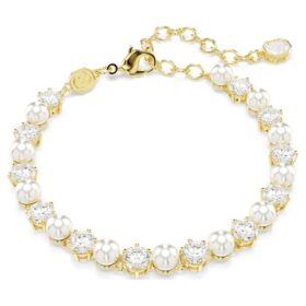 Pulseira Matrix Tennis com pérolas de cristal, corte redondo, branca, banhada a ouro