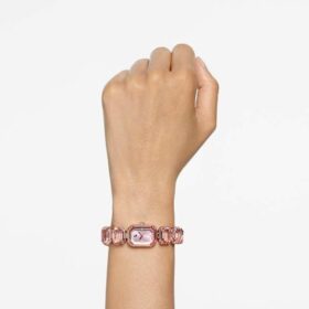 Pulseira-relógio com cristais de corte octogonal, cor-de-rosa, acabamento em tom de ouro rosa
