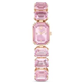 Pulseira-relógio com cristais de corte octogonal, cor-de-rosa, acabamento em tom de ouro rosa