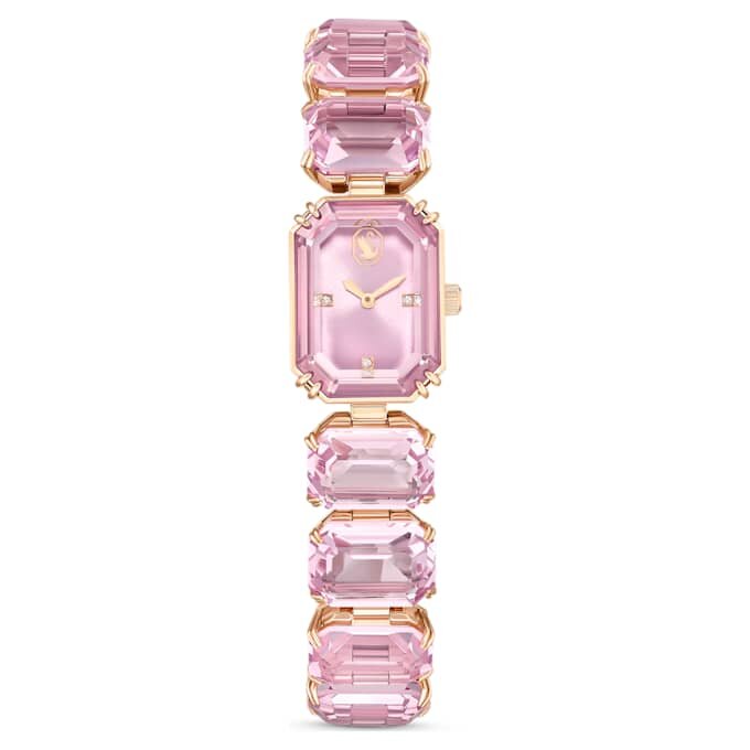 Pulseira-relógio com cristais de corte octogonal, cor-de-rosa, acabamento em tom de ouro rosa Pulseira-relógio com cristais de corte octogonal, cor-de-rosa, acabamento em tom de ouro rosa