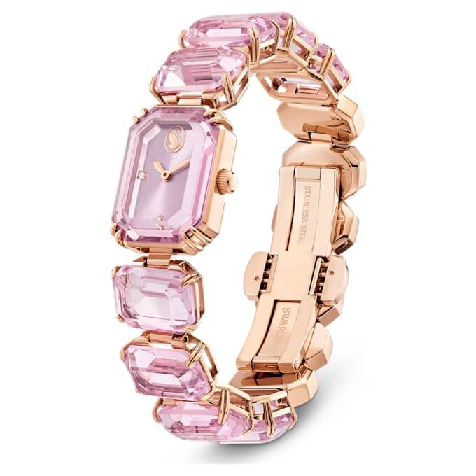 Pulseira-relógio com cristais de corte octogonal, cor-de-rosa, acabamento em tom de ouro rosa Pulseira-relógio com cristais de corte octogonal, cor-de-rosa, acabamento em tom de ouro rosa