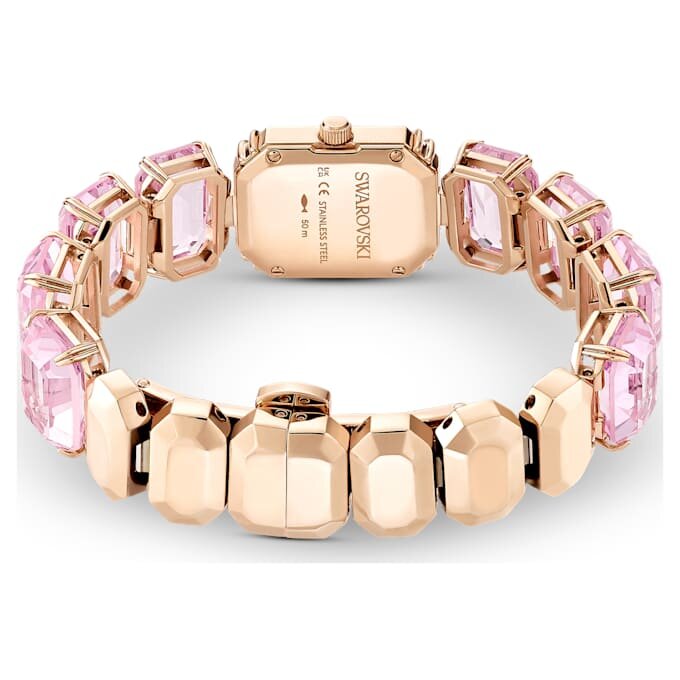 Pulseira-relógio com cristais de corte octogonal, cor-de-rosa, acabamento em tom de ouro rosa Pulseira-relógio com cristais de corte octogonal, cor-de-rosa, acabamento em tom de ouro rosa