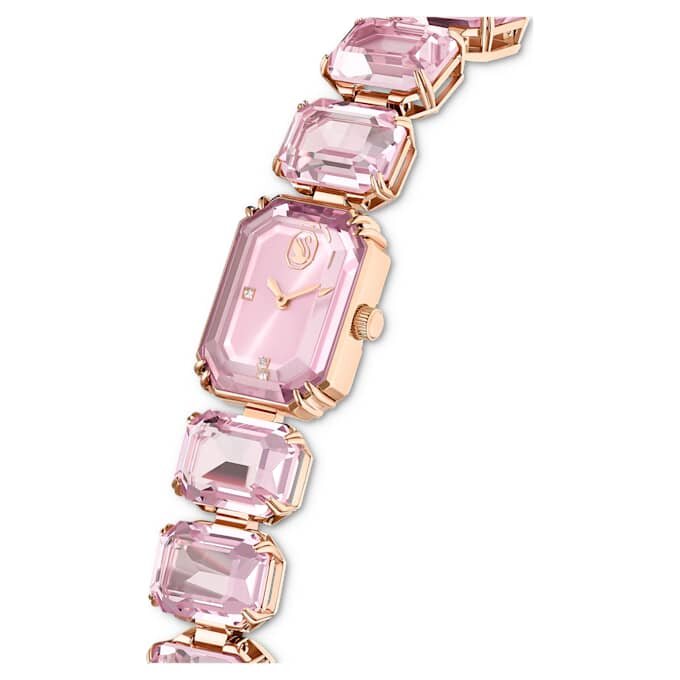 Pulseira-relógio com cristais de corte octogonal, cor-de-rosa, acabamento em tom de ouro rosa Pulseira-relógio com cristais de corte octogonal, cor-de-rosa, acabamento em tom de ouro rosa