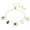 Pulseira Symbolica com pérola de cristal, trevo, olho do mal e ferradura, azul, banhada a ouro