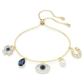 Pulseira Symbolica com pérola de cristal, trevo, olho do mal e ferradura, azul, banhada a ouro