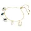 Pulseira Symbolica com pérola de cristal, trevo, olho do mal e ferradura, azul, banhada a ouro