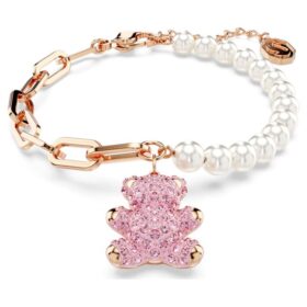 Pulseira Teddy com Pérola de Cristal, Urso, Rosa, Banho em Tom de Ouro-Rosa